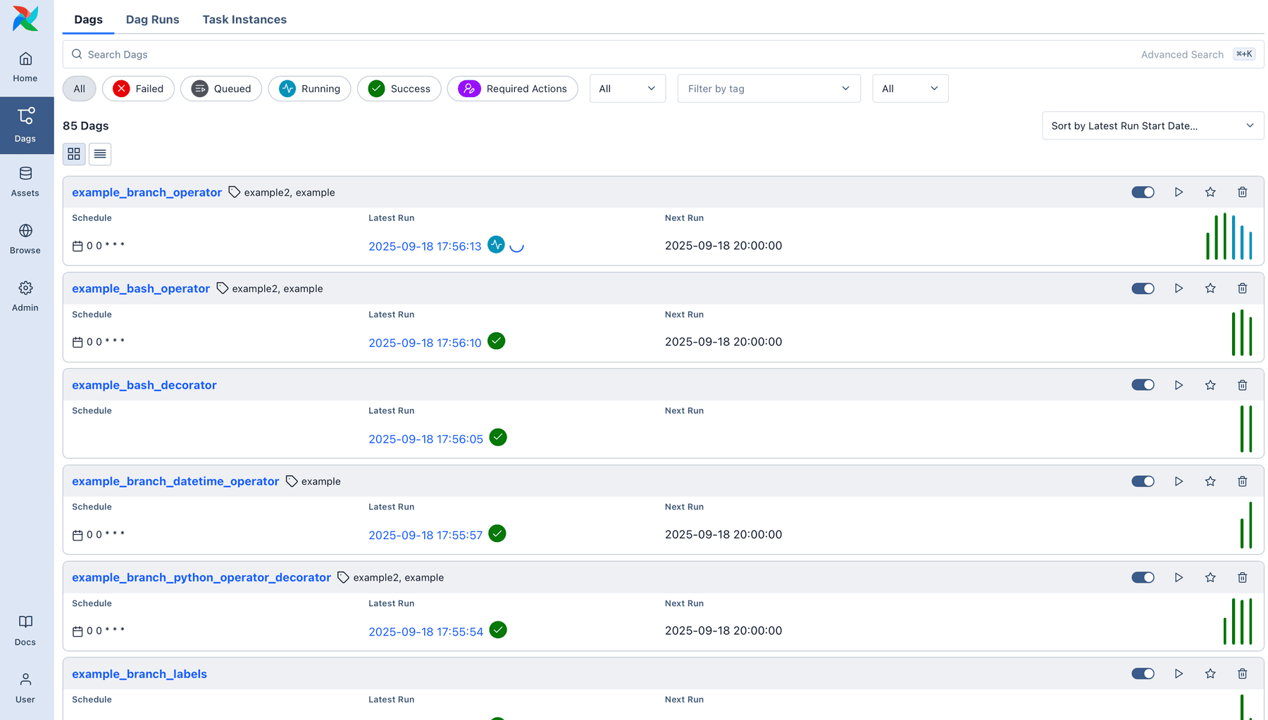 Airflow Web UI showing the DAGs page