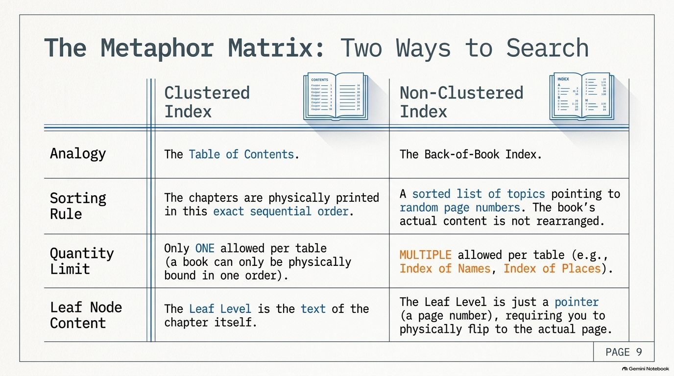 The book analogy: a clustered index is the table of contents, a non-clustered index is the back-of-book index