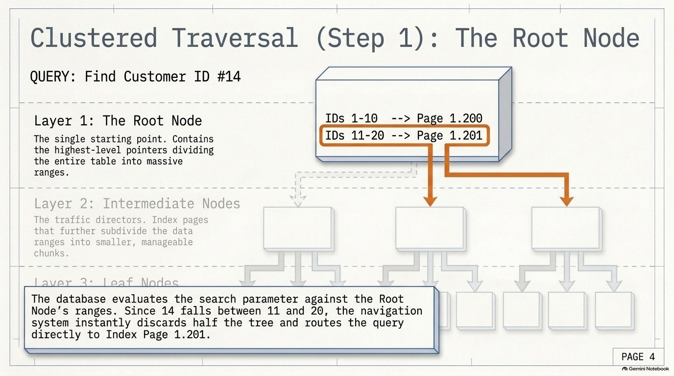 Step 1: the root node routes ID 14 to index page 1:201