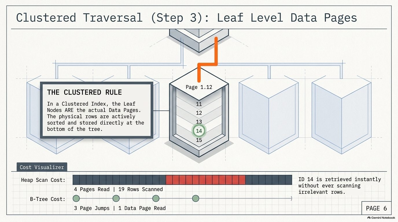 Step 3: the leaf level is the sorted data page, and row 14 is read directly