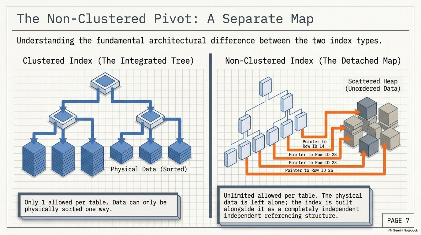 Clustered index as an integrated tree versus non-clustered index as a detached map pointing into the data