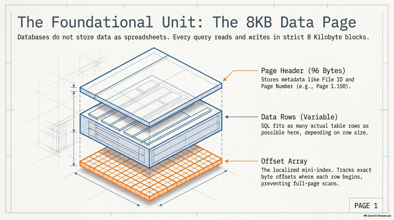 Anatomy of an 8 KB data page: a 96-byte header, the data rows, and the offset array