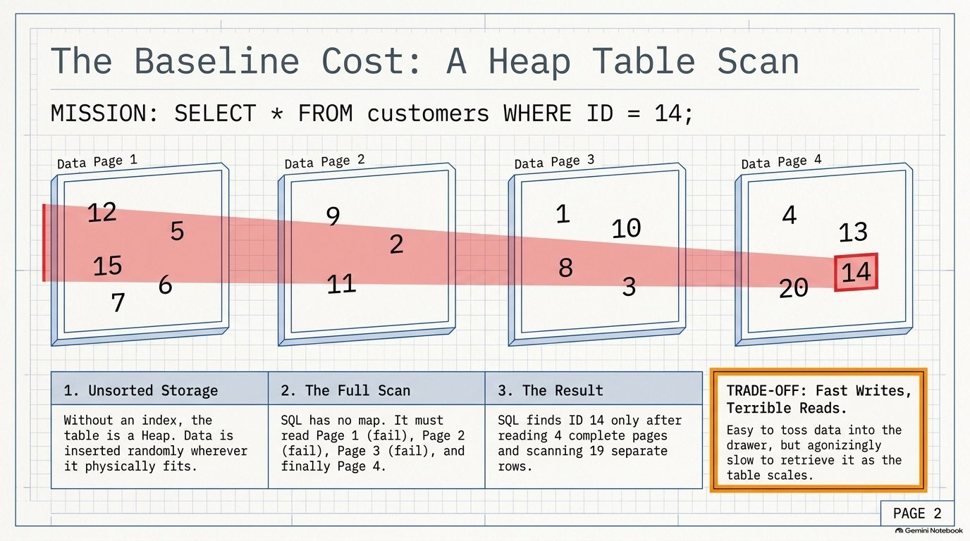 A heap table scan reading every data page to find ID 14