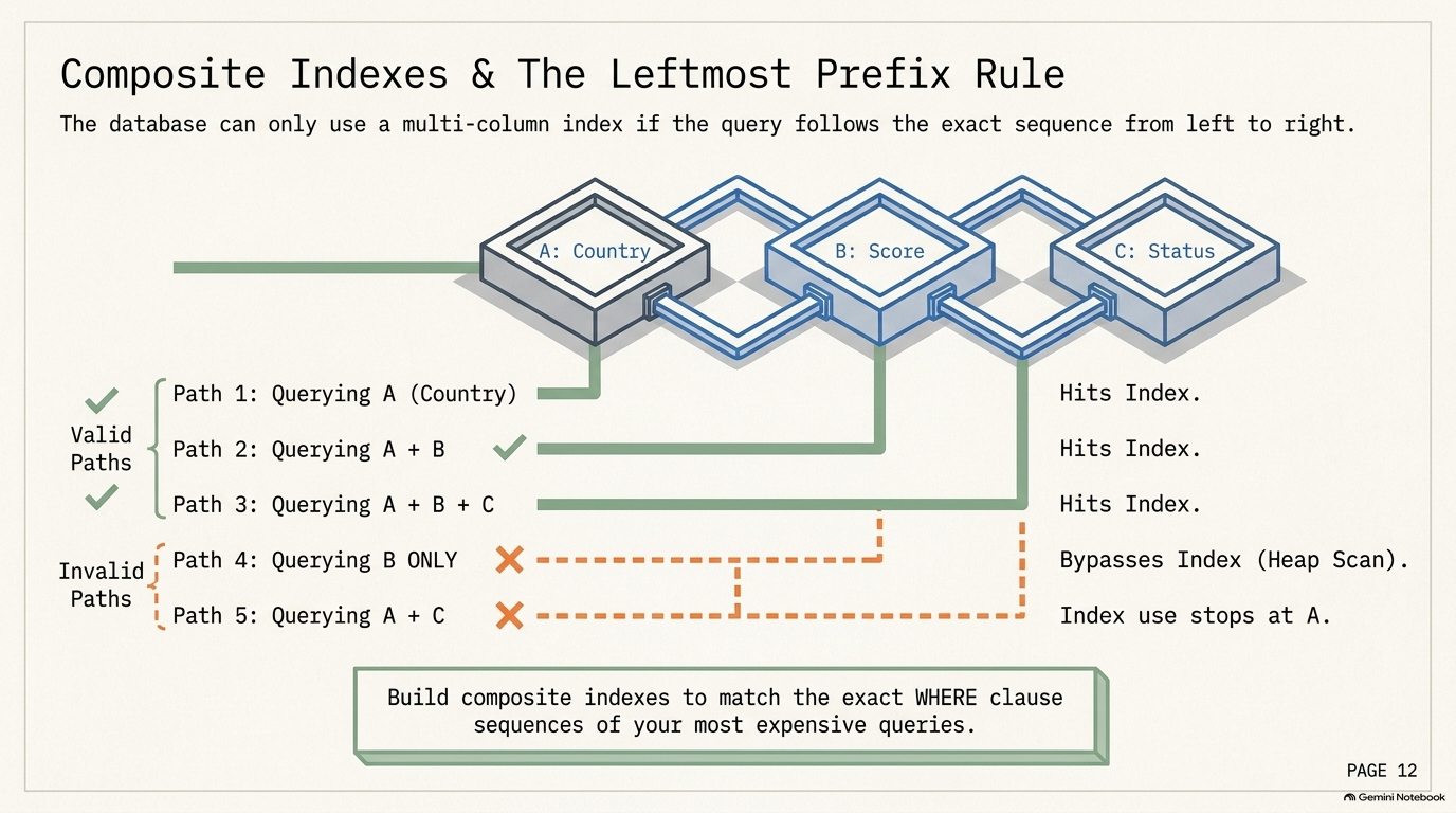 Leftmost prefix rule: querying A, A+B, or A+B+C uses the index; querying B alone or A+C does not use it fully