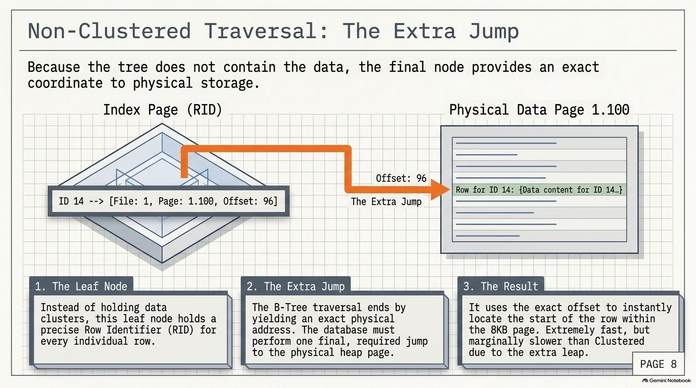 Non-clustered traversal ends with a RID pointing at a file, page and offset: the extra jump