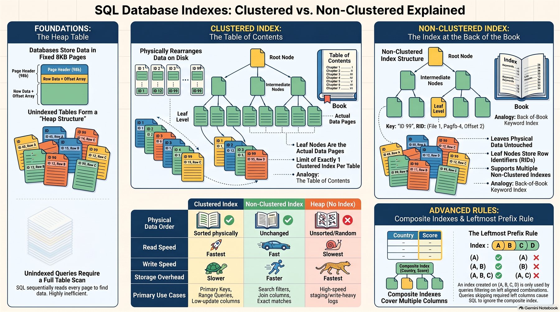 SQL database indexes: heap, clustered and non-clustered compared, with composite indexes and the leftmost prefix rule