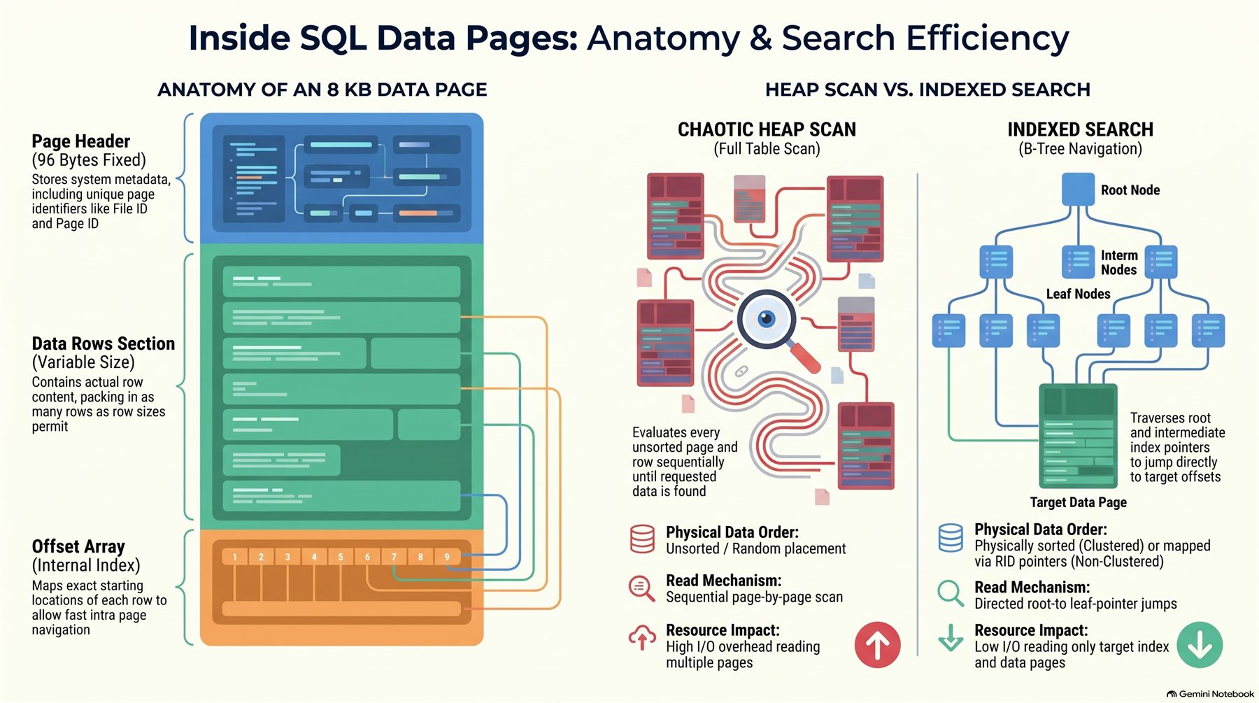 Inside SQL data pages: anatomy of an 8 KB page, and a chaotic heap scan compared with an indexed search